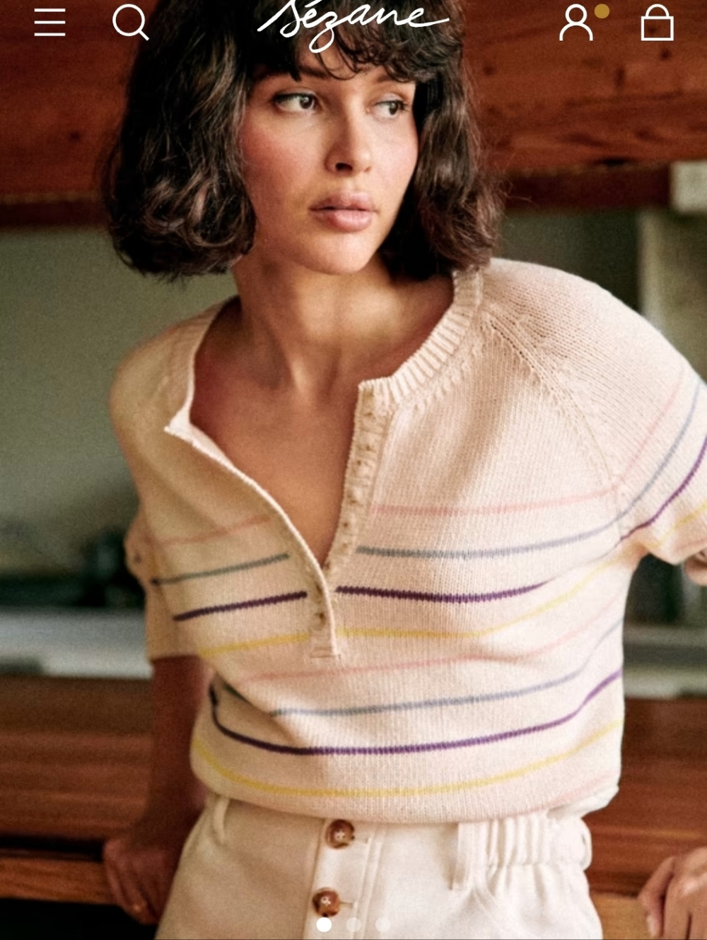 Sezane Cream V-Neck Button Sweater with Purple, Yellow and Pink Stripes